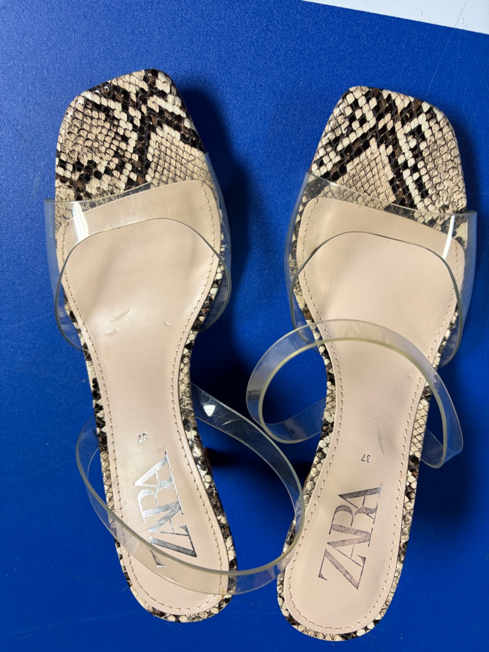 Zara Clear-Strap Snake Print Block Heel Sandals in Beige/Black